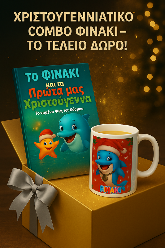 «Χριστουγεννιάτικο Combo Φινάκι με παραμύθι και κεραμική κούπα πάνω σε χρυσό κουτί δώρου»