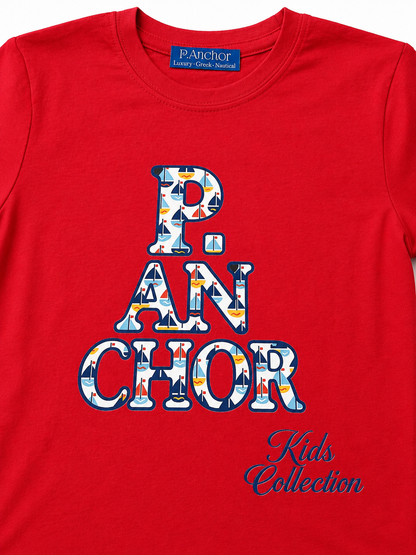 Red t-shirt with colorful 'PAN CHOR' text and 'Kids Collection' on a red background