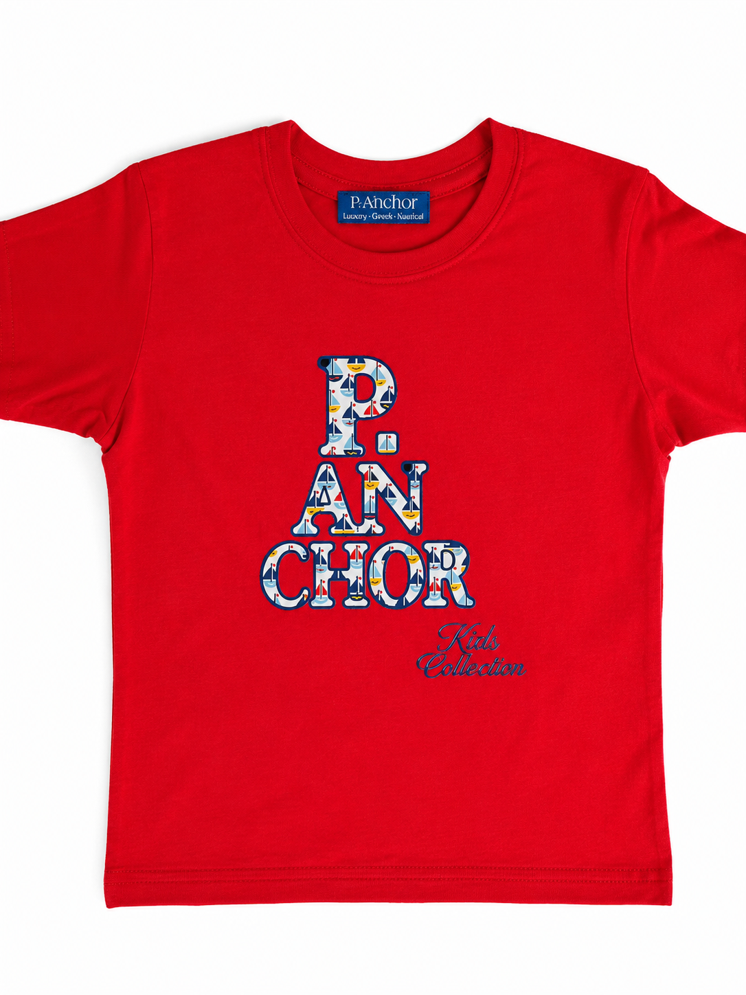 Red t-shirt with colorful 'P. Anchor' logo on a white background