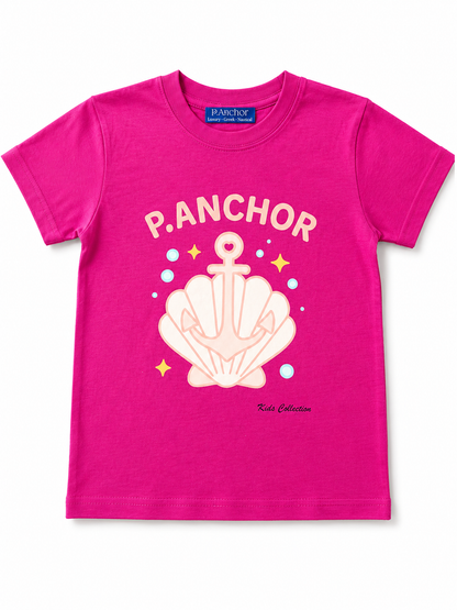 Pink t-shirt with 'P. Anchor' logo and shell design on a white background