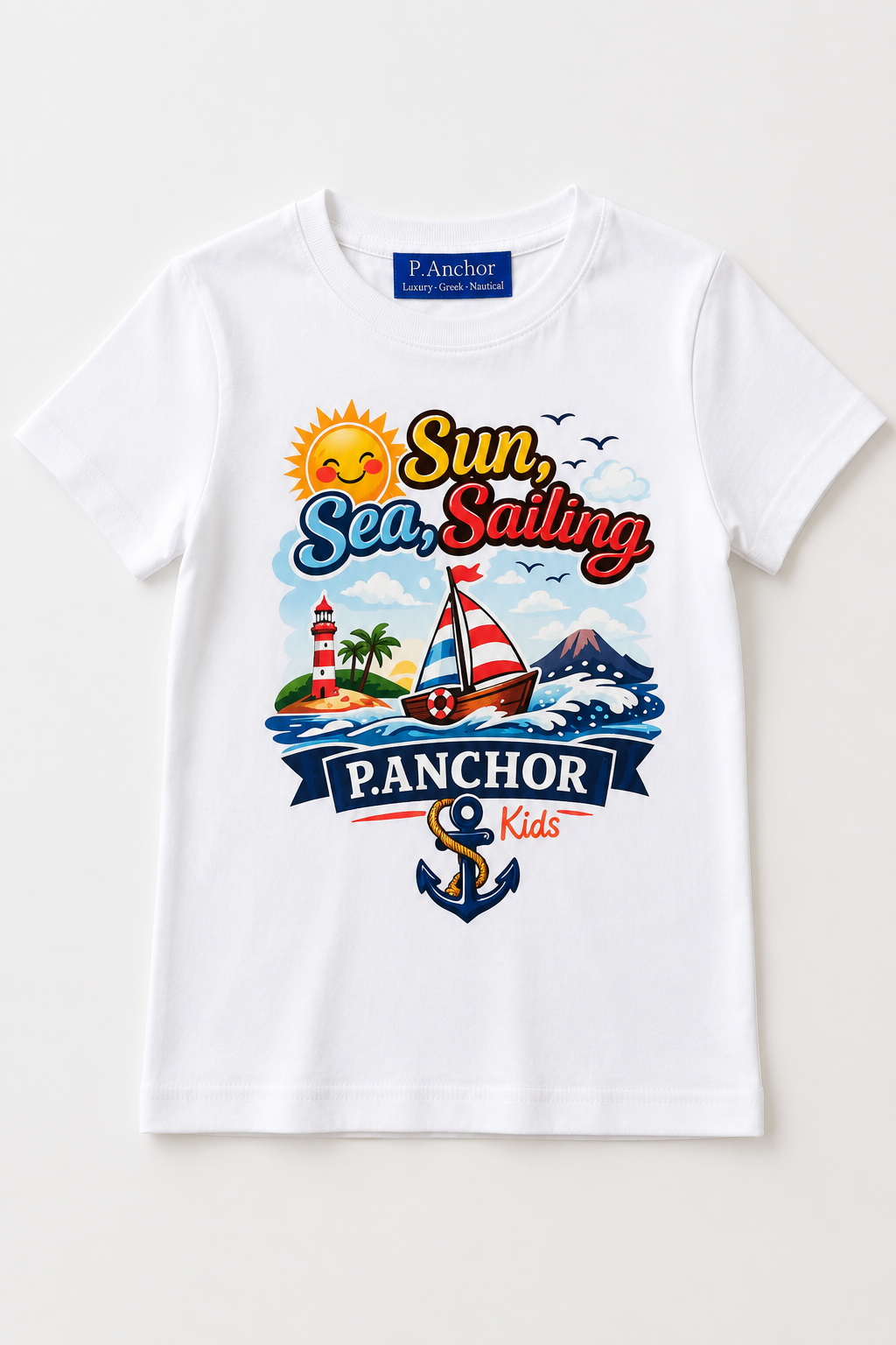 White t-shirt with a colorful graphic design featuring 'Sun, Sea, Sailing' text and 'P. Anchor Kids' branding on a white background.