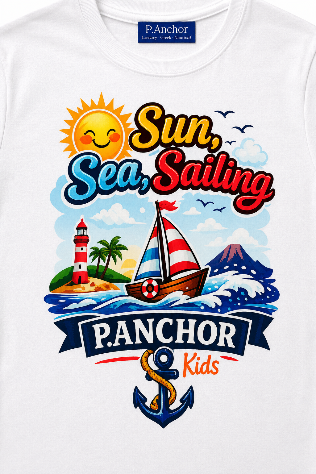 White t-shirt with 'Sun, Sea, Sailing' design featuring a lighthouse, sailboat, and anchor, branded as P.Anchor Kids.