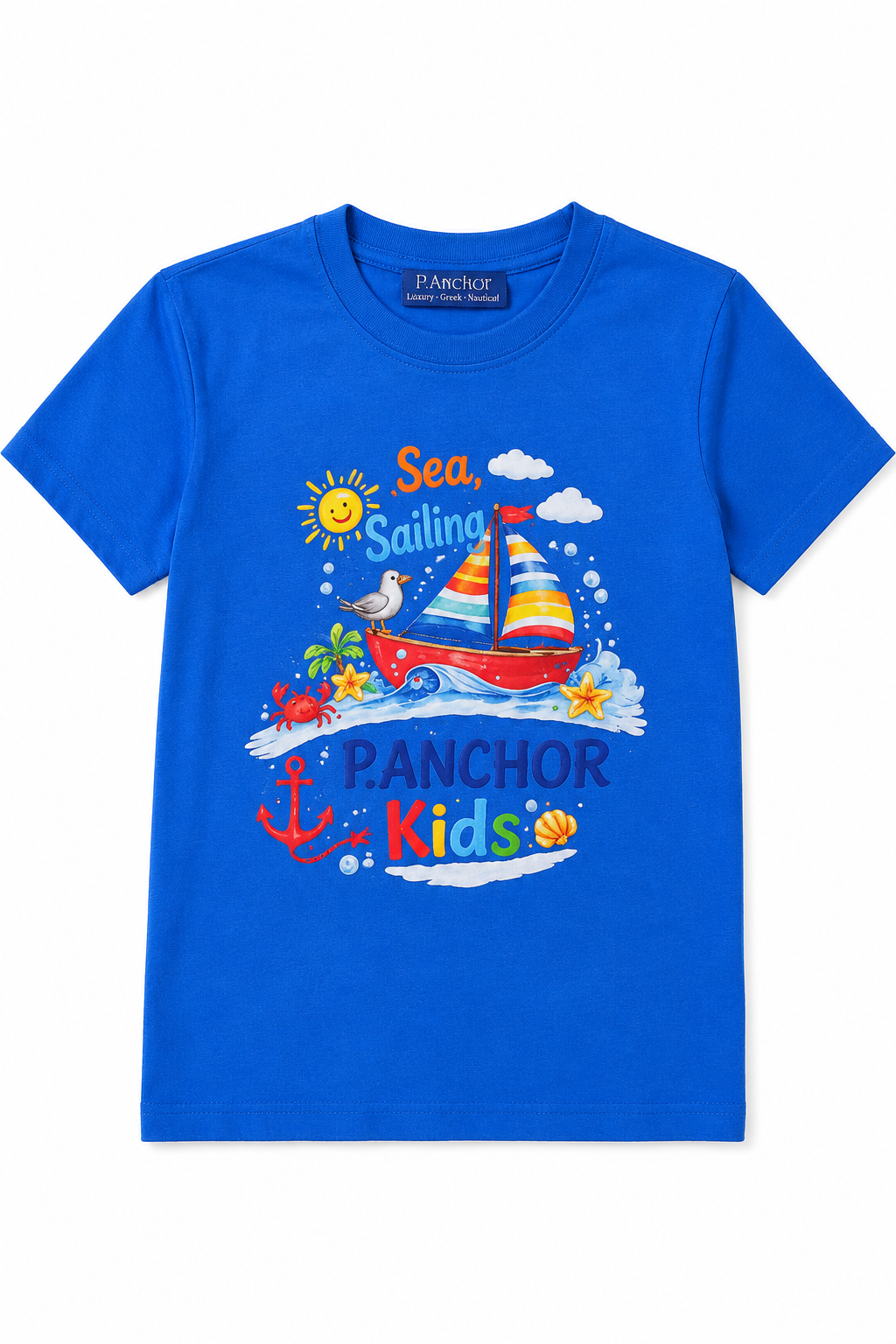 Blue t-shirt with a colorful sailboat design and 'Panchor Kids' branding on a white background.