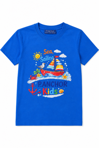 Blue t-shirt with a colorful sailboat design and 'Panchor Kids' branding on a white background.
