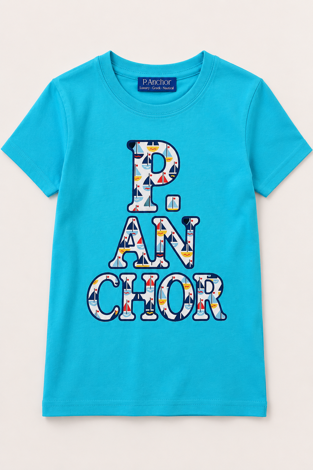 Blue t-shirt with colorful 'PAN CHOR' text on a light gray background