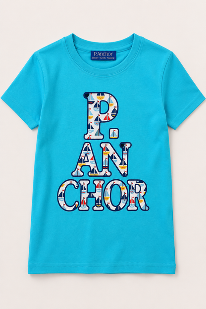 Blue t-shirt with colorful 'PAN CHOR' text on a light gray background
