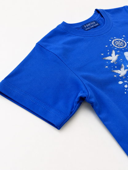 Blue t-shirt with a white graphic design on a light gray background