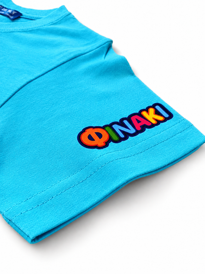 Close-up of a blue sleeve with a colorful logo on a white background