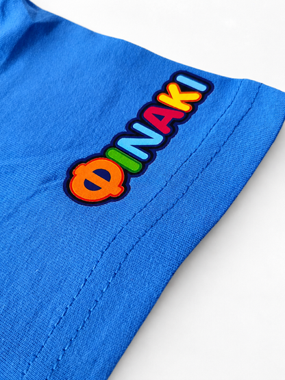 Blue shorts with a colorful logo on a white background