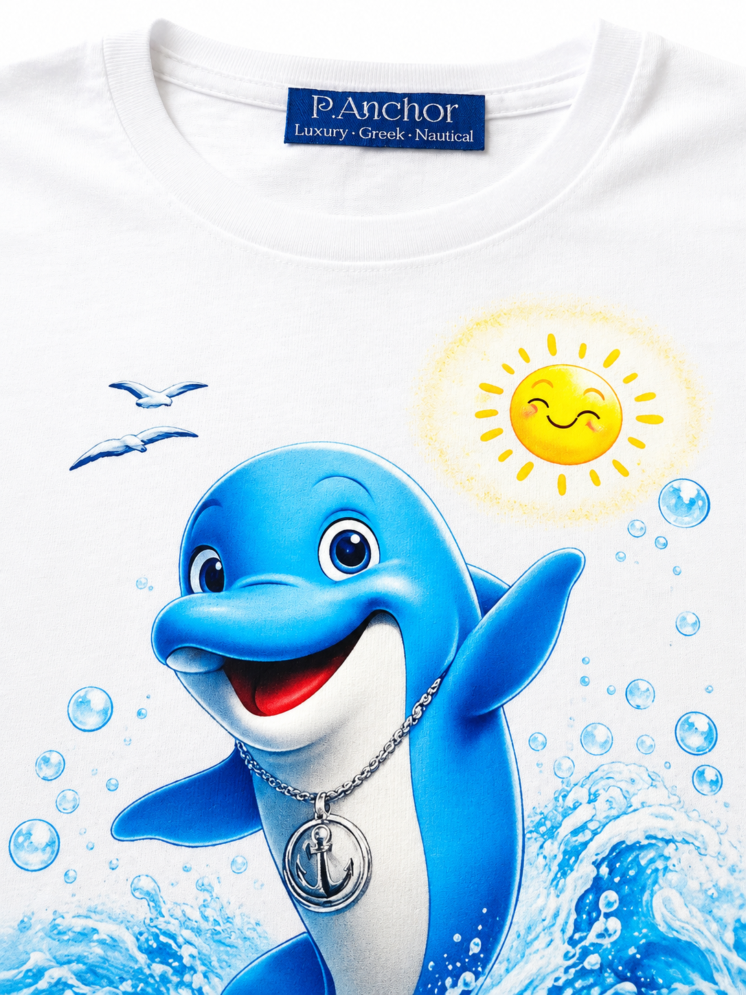 White t-shirt with a cartoon dolphin, sun, and seagulls design on a white background.