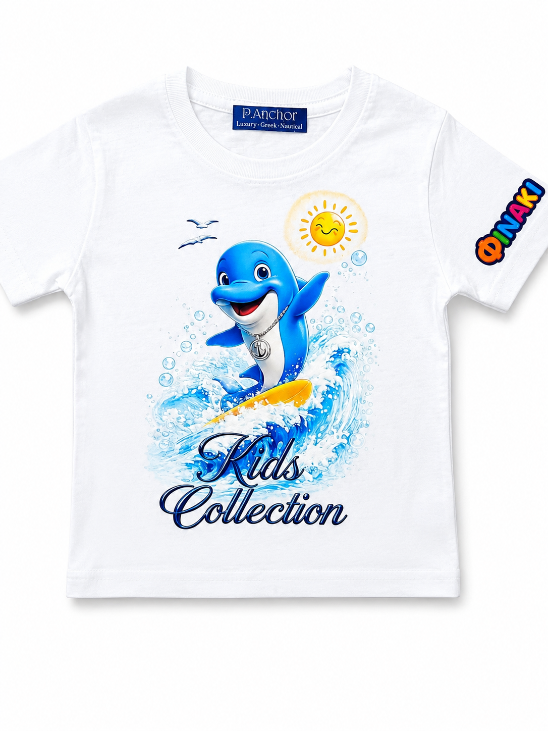 Children's t-shirt with a dolphin graphic and 'Kids Collection' text on a white background