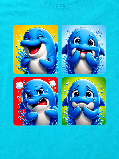 Four cartoon dolphins on a blue background