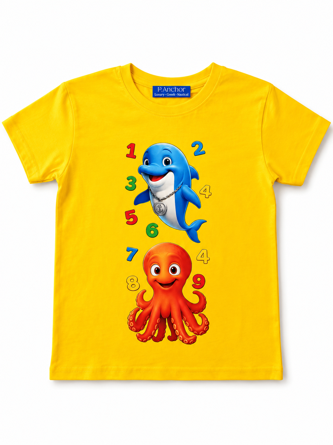 Yellow t-shirt with a blue dolphin and red octopus design on a white background