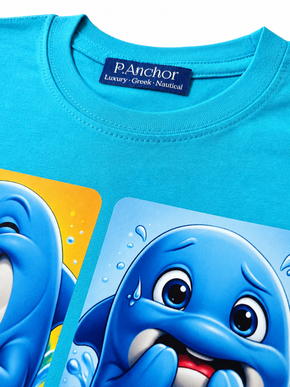 Blue t-shirt with cartoon dolphins and P. Anchor brand label