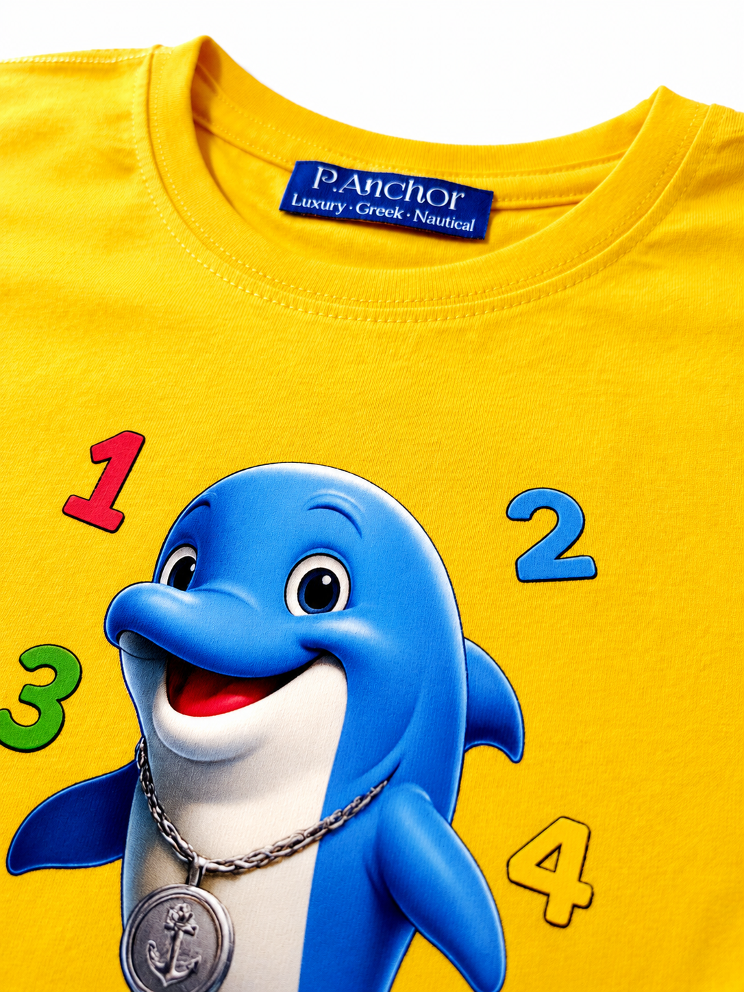 Yellow t-shirt with a cartoon dolphin and numbers on a yellow background