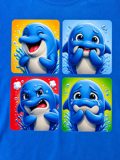 Four cartoon dolphins with different expressions on a blue background