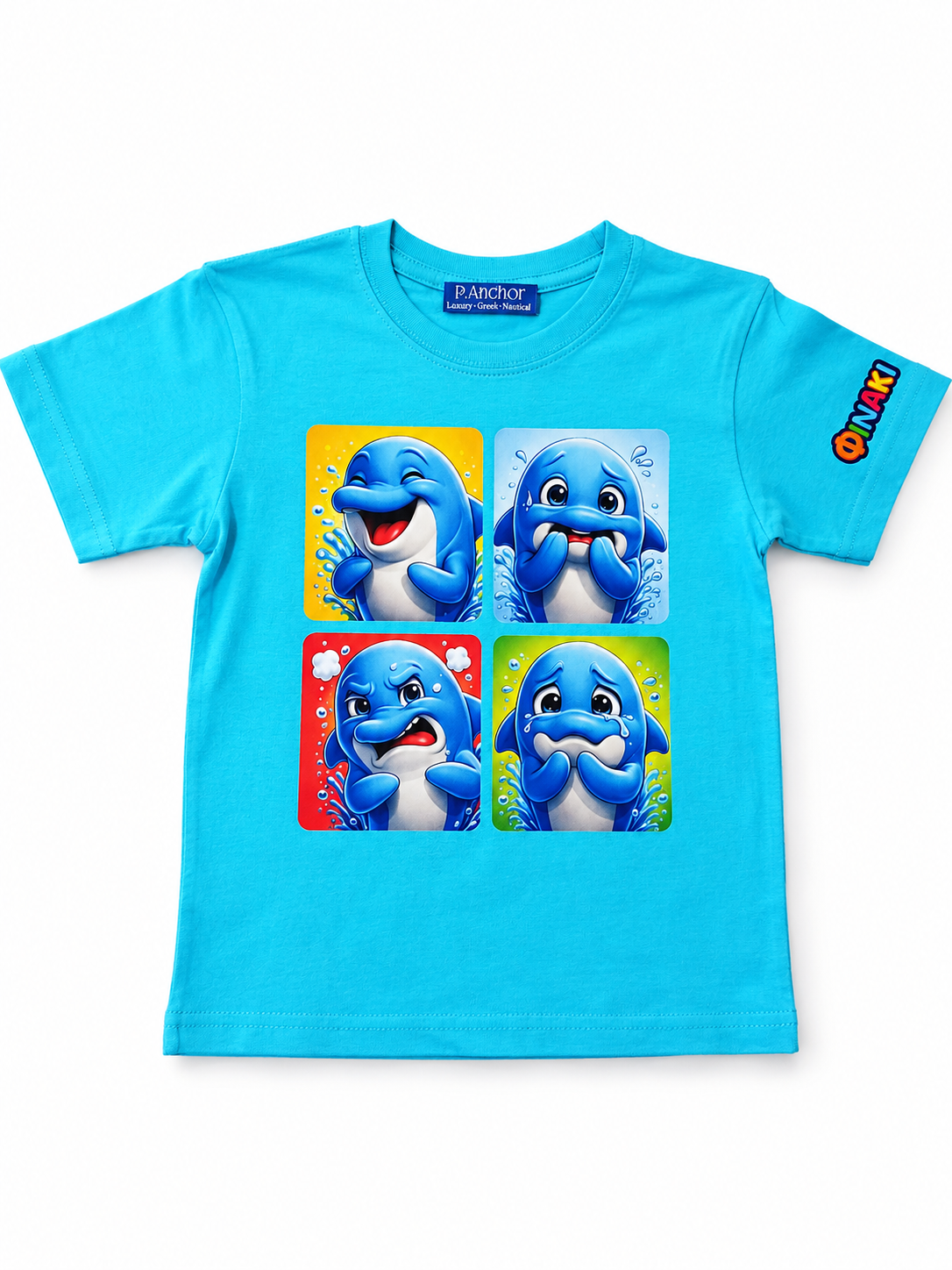 Blue t-shirt with cartoon dolphins on a white background