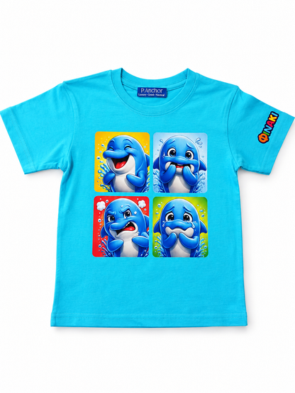 Blue t-shirt with cartoon dolphins on a white background