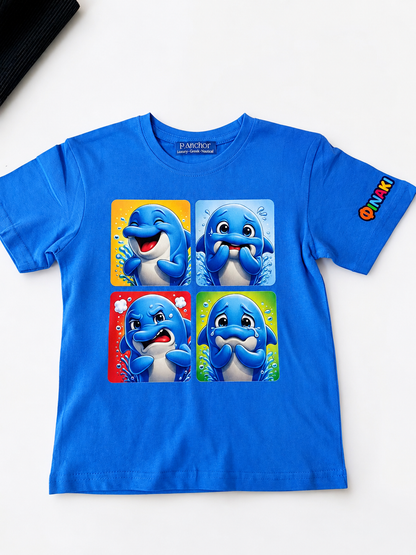 Blue t-shirt with cartoon dolphins on a white background