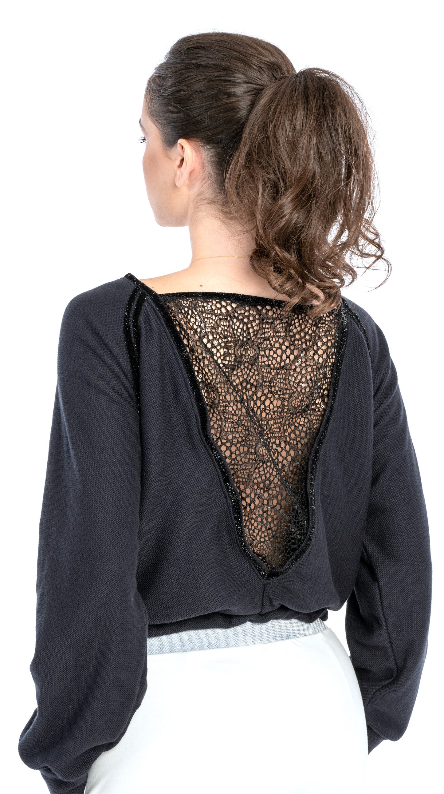 Awarded Sustainably Navy Style raglan sleeve with V-Neckline and black lace on back