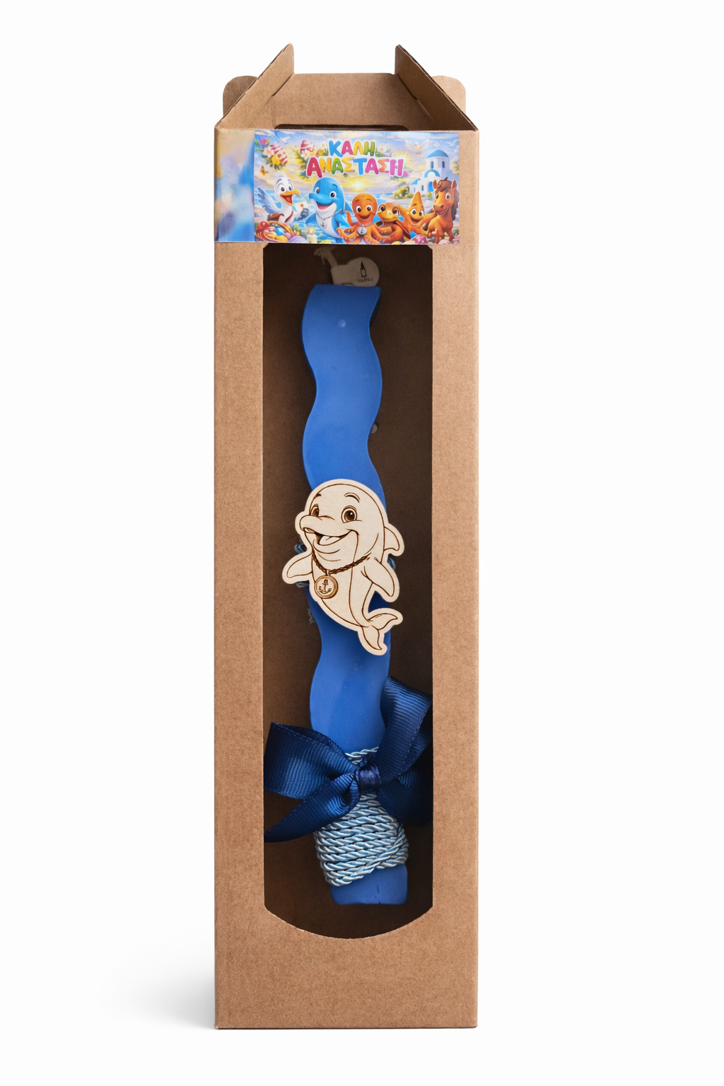 Blue toy with a character design in a cardboard packaging box.
