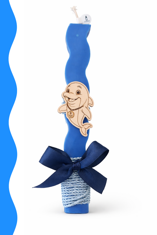 Blue candle with a cartoon character on top against a white background