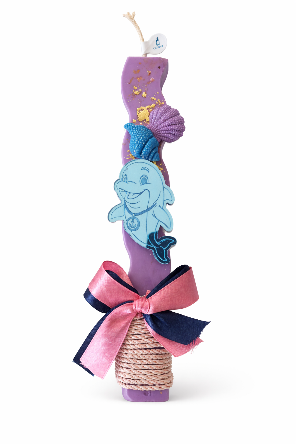 Decorative item with a dolphin design, purple ribbon, and shell accents on a white background