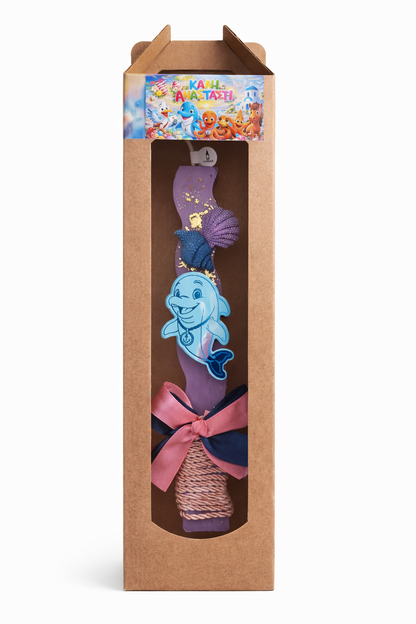 Plush toy with a bow in a cardboard packaging featuring cartoon characters.