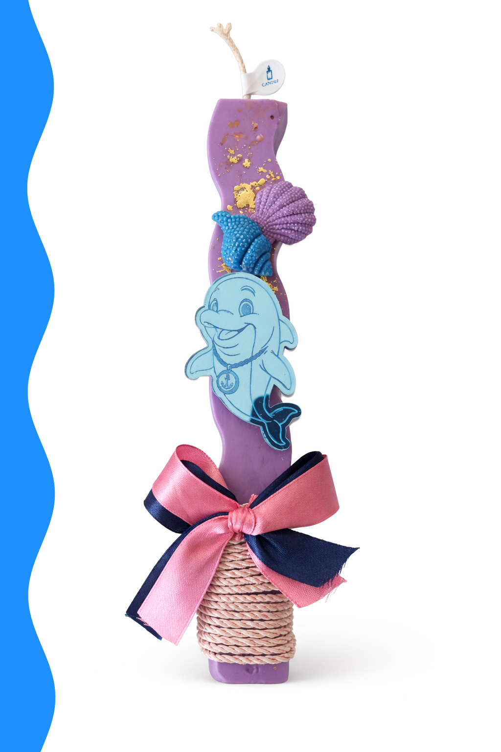 Decorative item with a dolphin design, pink ribbon, and purple base on a white background.