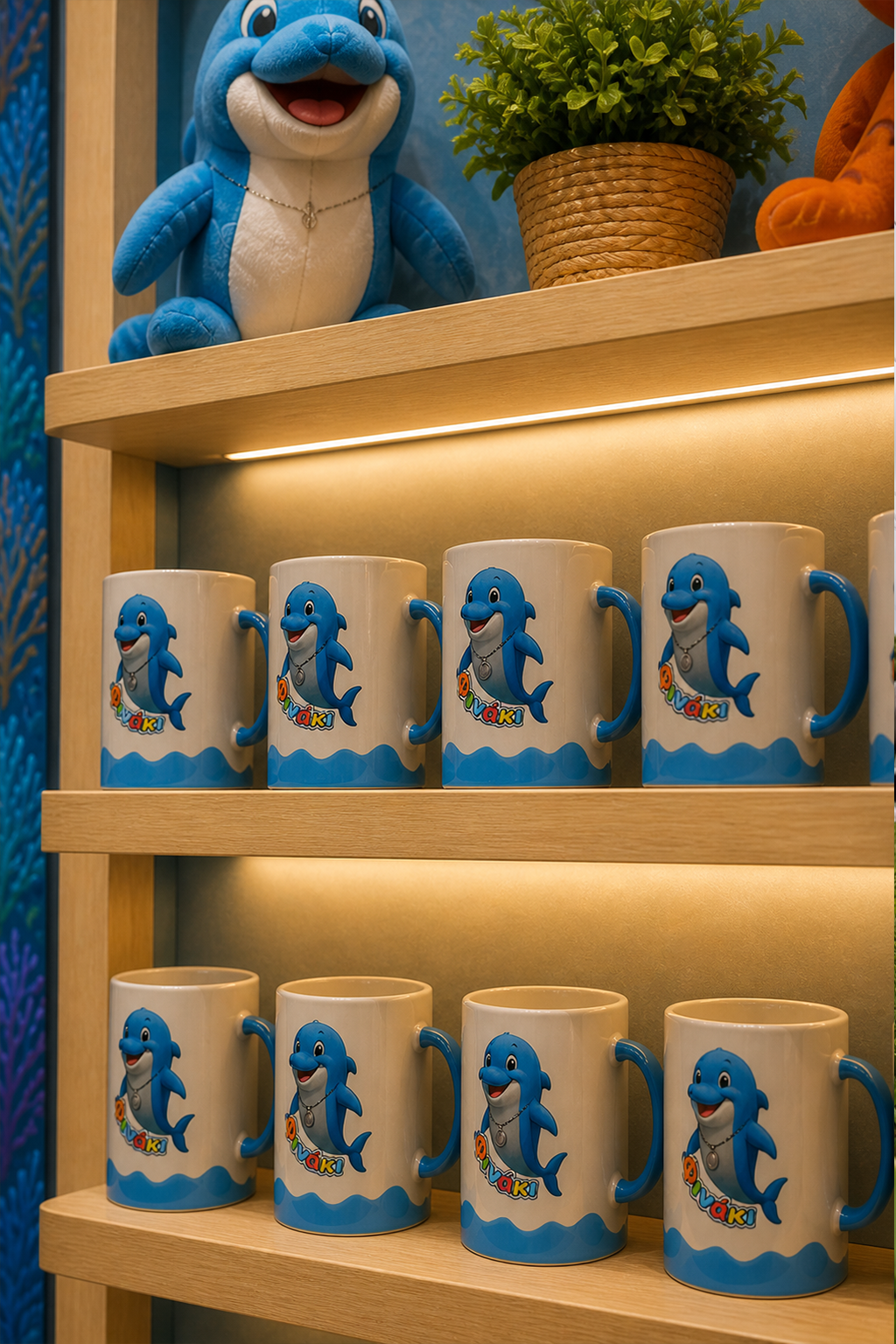 Dolphin-themed mugs on a wooden shelf with a plush toy and plant in the background.
