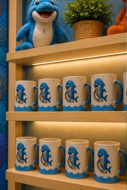 Dolphin-themed mugs on a wooden shelf with a plush toy and plant in the background.