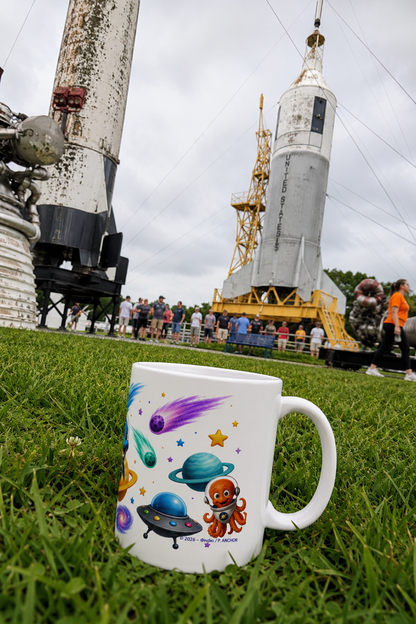 Cup with space-themed design in front of a rocket display