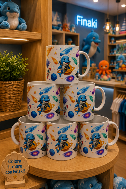 Stack of mugs with cartoon character design on a wooden shelf in a store setting.