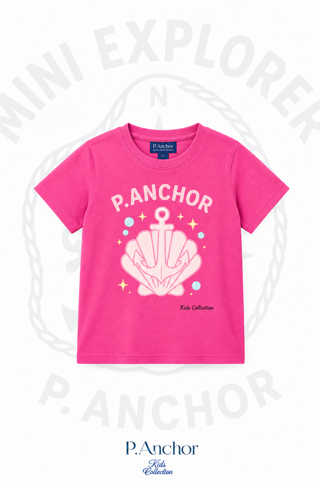 Pink t-shirt with anchor design and 'P. Anchor' branding on a white background