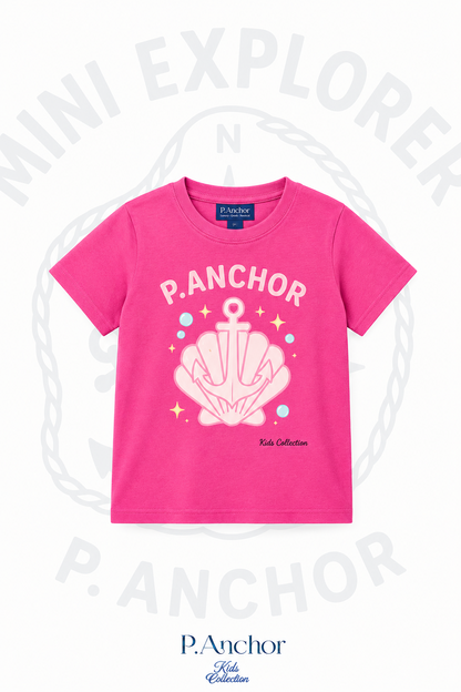 Pink t-shirt with anchor design and 'P. Anchor' branding on a white background