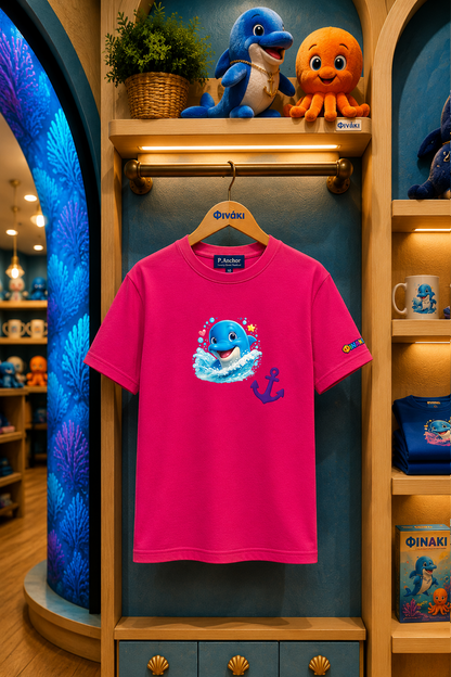 Pink t-shirt with a cartoon character hanging on a rack in a store setting.