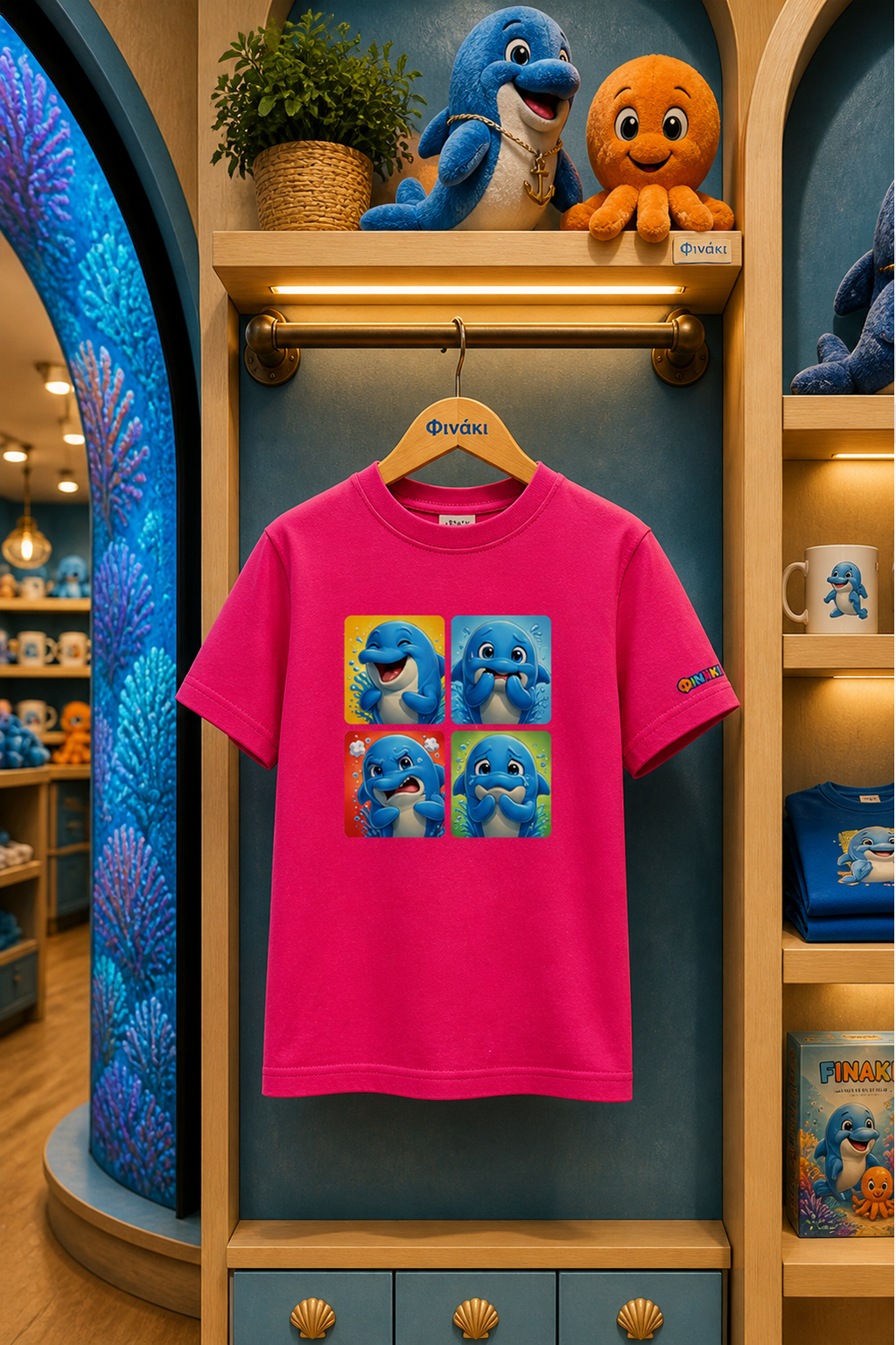 Pink t-shirt with cartoon character design hanging on a rack in a store setting.
