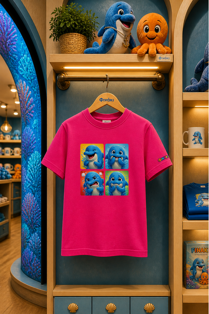 Pink t-shirt with cartoon character design hanging on a rack in a store setting.