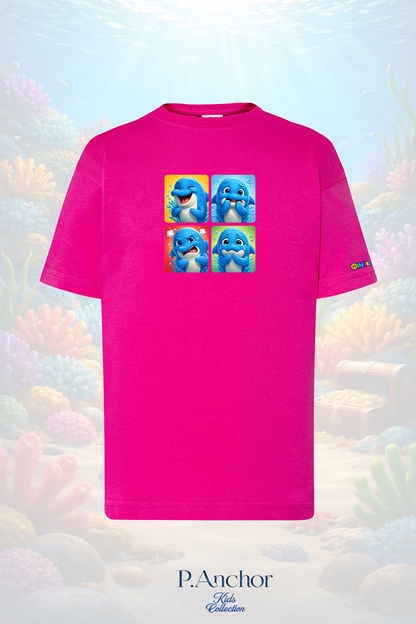 Pink t-shirt with cartoon dolphins on a colorful coral background