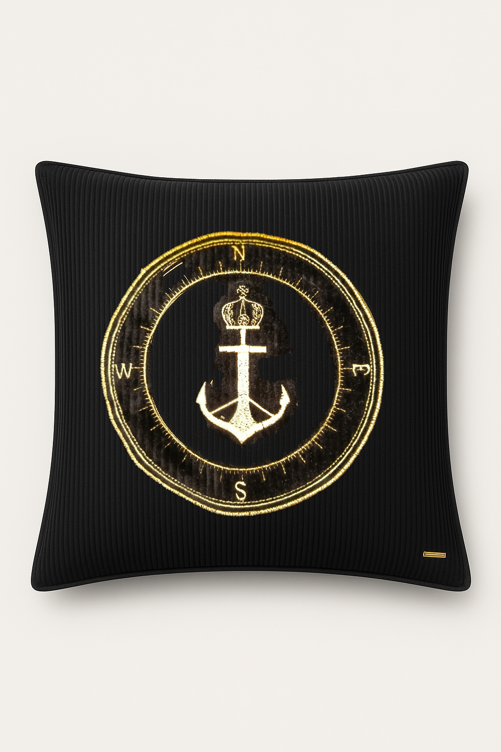 Black velvet cushion with gold embroidered compass and anchor, luxury nautical home decor by P. ANCHOR.