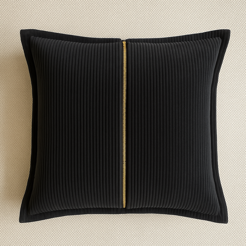 Square black corduroy cushion with gold zipper and velvet texture, luxury home decor by P. ANCHOR.

