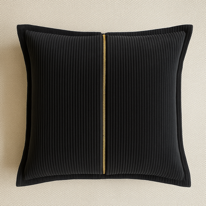 Square black corduroy cushion with gold zipper and velvet texture, luxury home decor by P. ANCHOR.

