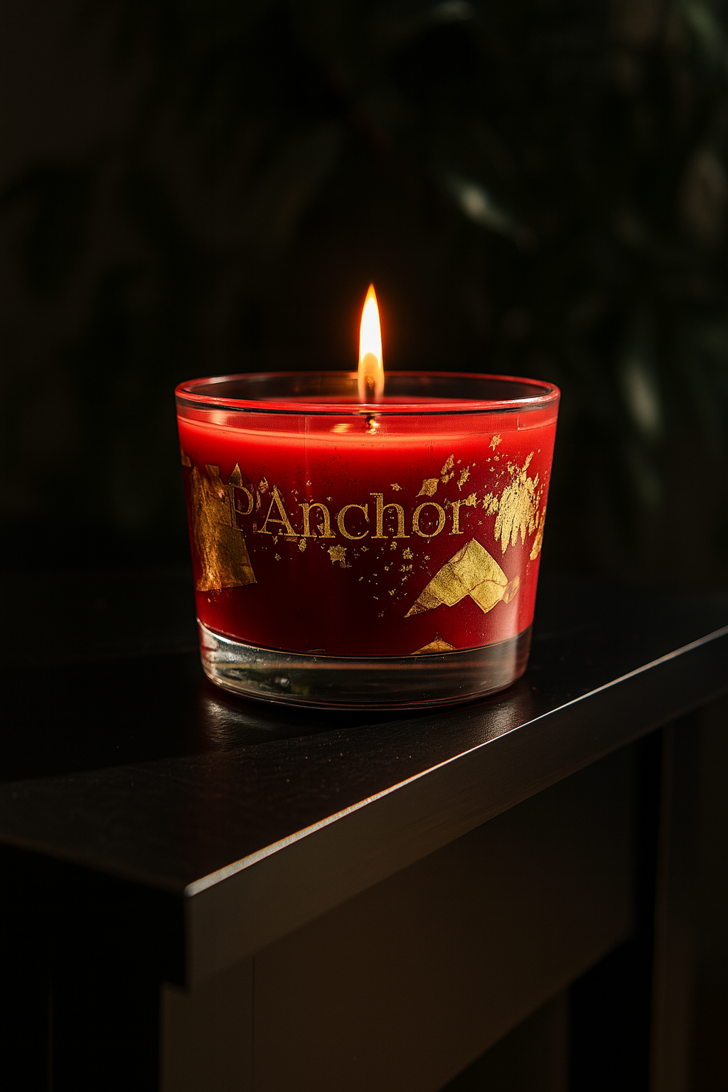 Red candle with gold text on a dark background