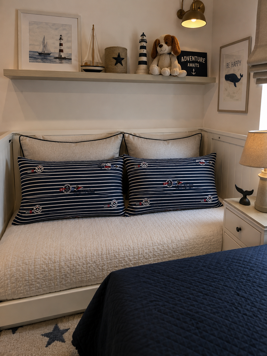 Nautical-themed bedroom with striped pillows and decorative items on a shelf.