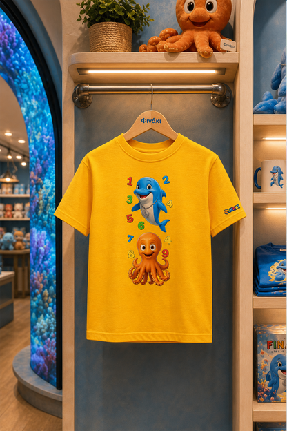 Yellow t-shirt with cartoon characters hanging on a rack in a store setting.