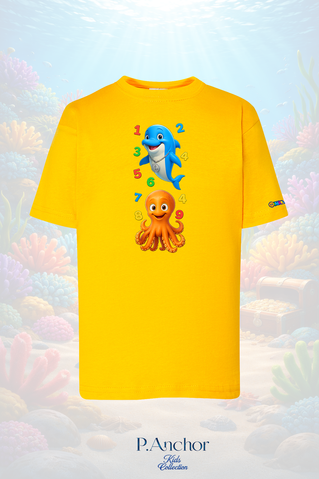 Yellow t-shirt with cartoon characters on a colorful coral background