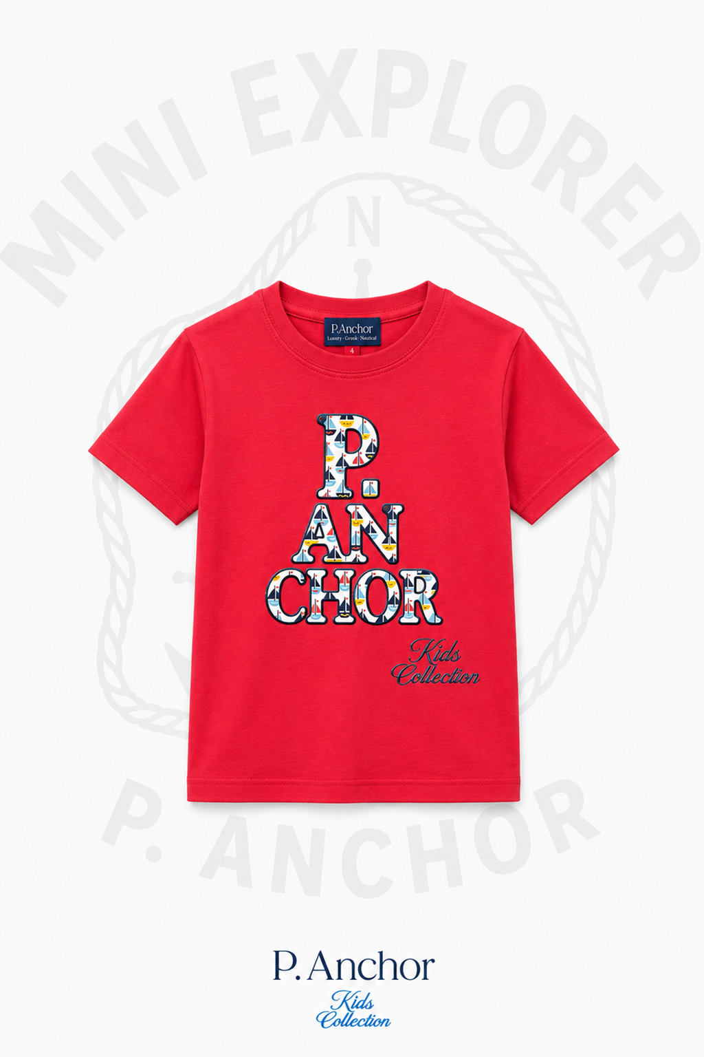 Red t-shirt with colorful text design on a white background