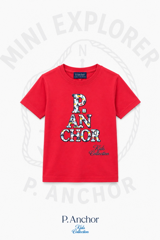Red t-shirt with colorful text design on a white background