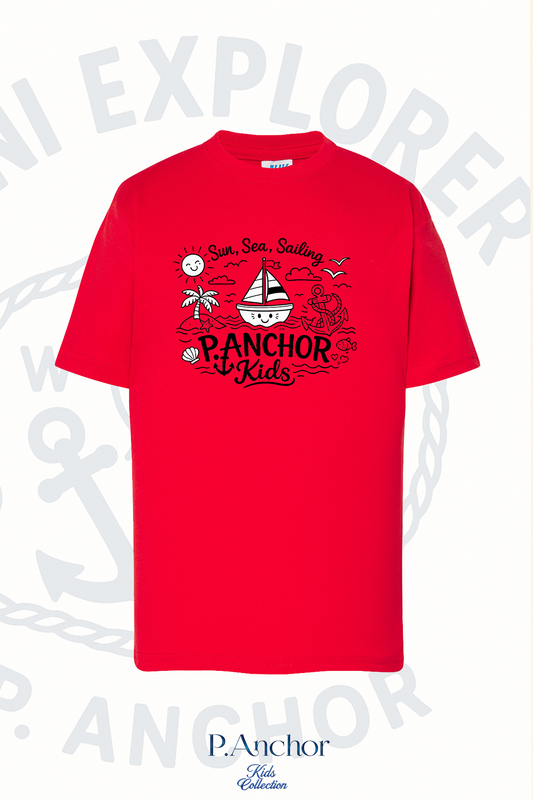 Red t-shirt with 'P.Anchor Kids' design on a white background