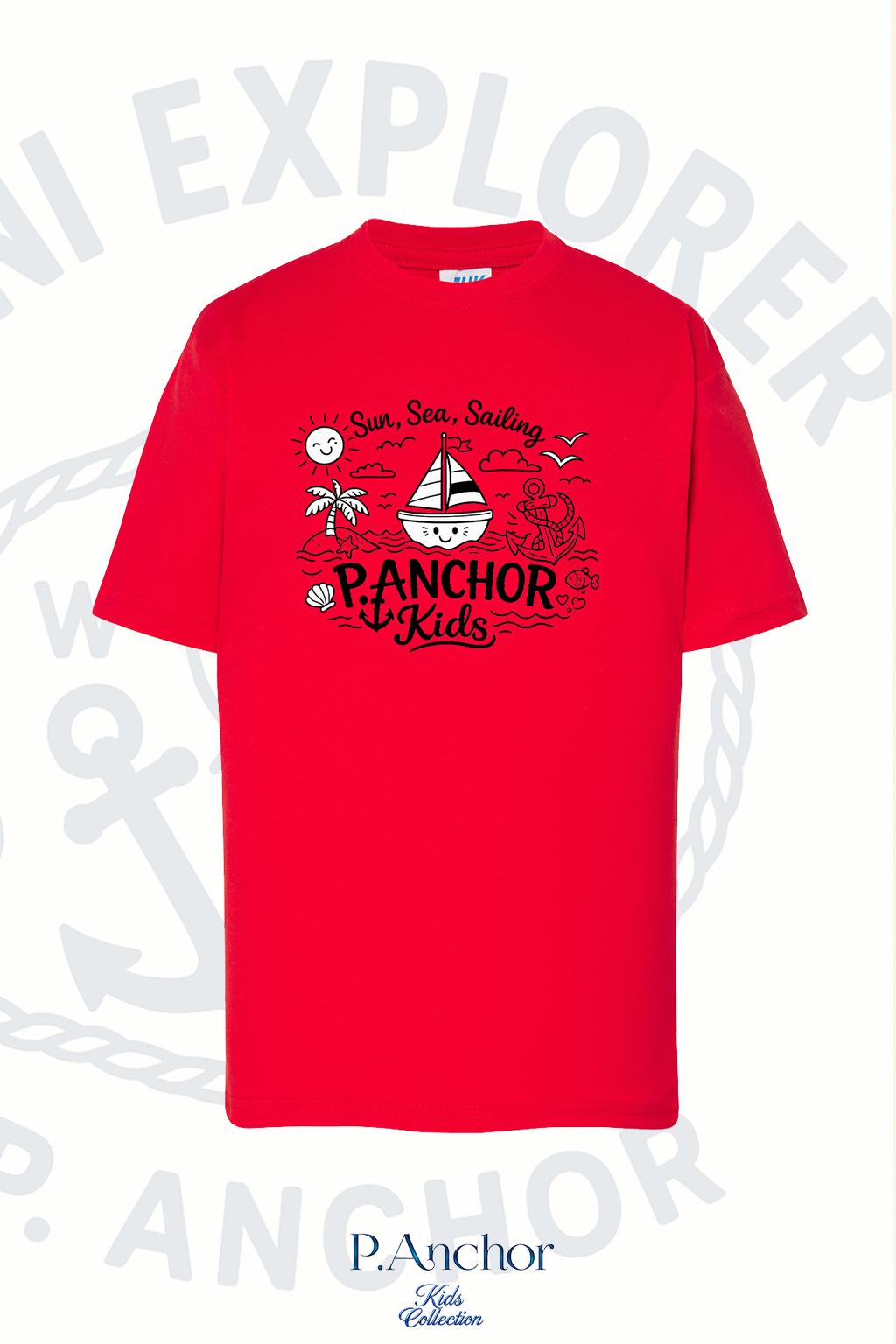 Red t-shirt with 'P.Anchor Kids' design on a white background